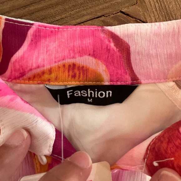 Fashion Pink Orange Abstract Print Button Down Ruffle Hem Mini Shirt Dress M NEW - Picture 4 of 12